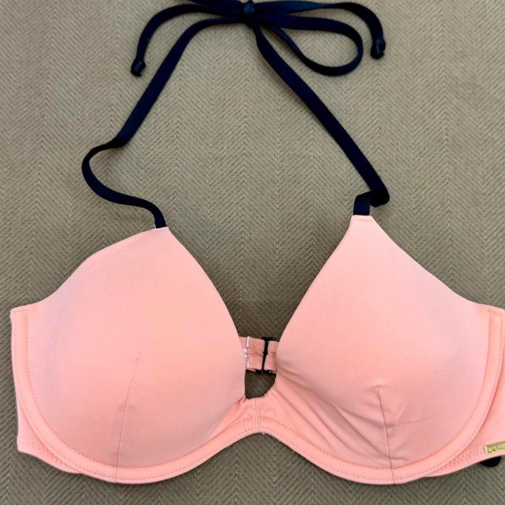 PINK Victoria's Secret Lace Up Side Halter Bikini Top Peach Orange Black Size M - Picture 2 of 5